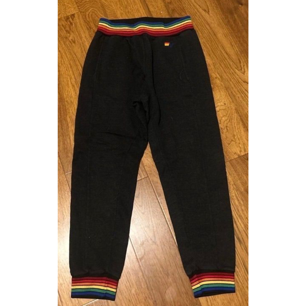 Aviator Nation Black Sweatpants Joggers Rainbow Stripes EUC! Women’s Sz L